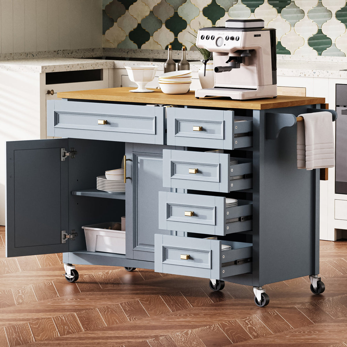 Roomfitters 52" Kitchen Island with Wood Top, 5 Storage Drawers and Cabinet, Mobile Cart with Gold Hardware, Blue-Grey