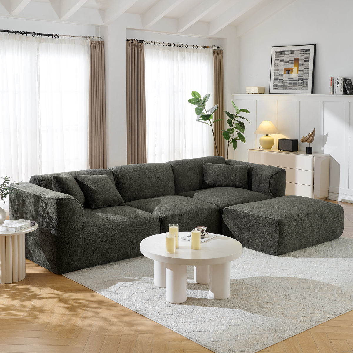 variant-group:rf-n711wy000450aac|Roomfitters Modern Velvet Sectional Sofa with Detachable Ottoman, 4-Seater Couch with Pillows for Living Room, Grayish Green