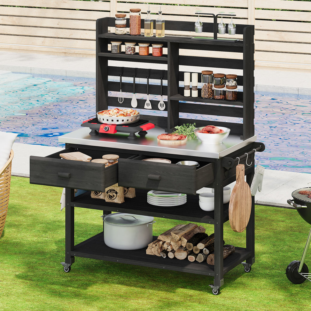 Roomfitters 64.9" Outdoor Potting Bench & Kitchen Island with Stainless Steel Top, Propane Rack & Lockable Wheels, Black