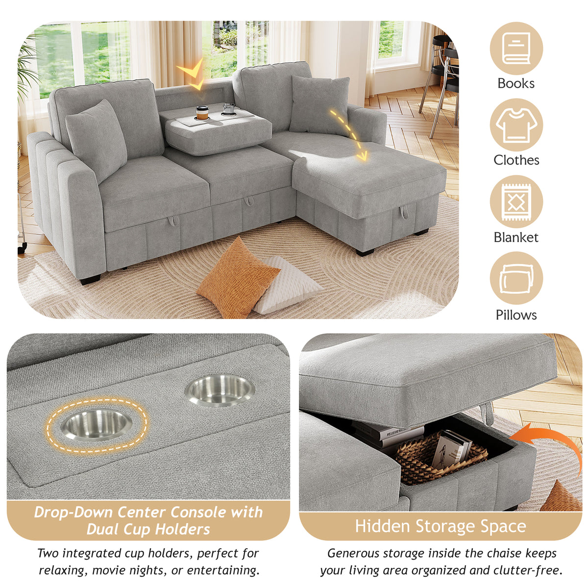 variant-group:rf-n711wy000467aae|Roomfitters 90" L-Shaped Sectional Sleeper Sofa with Storage Chaise and Pull Out Bed, Fold Down Cup Holder Table, Grey