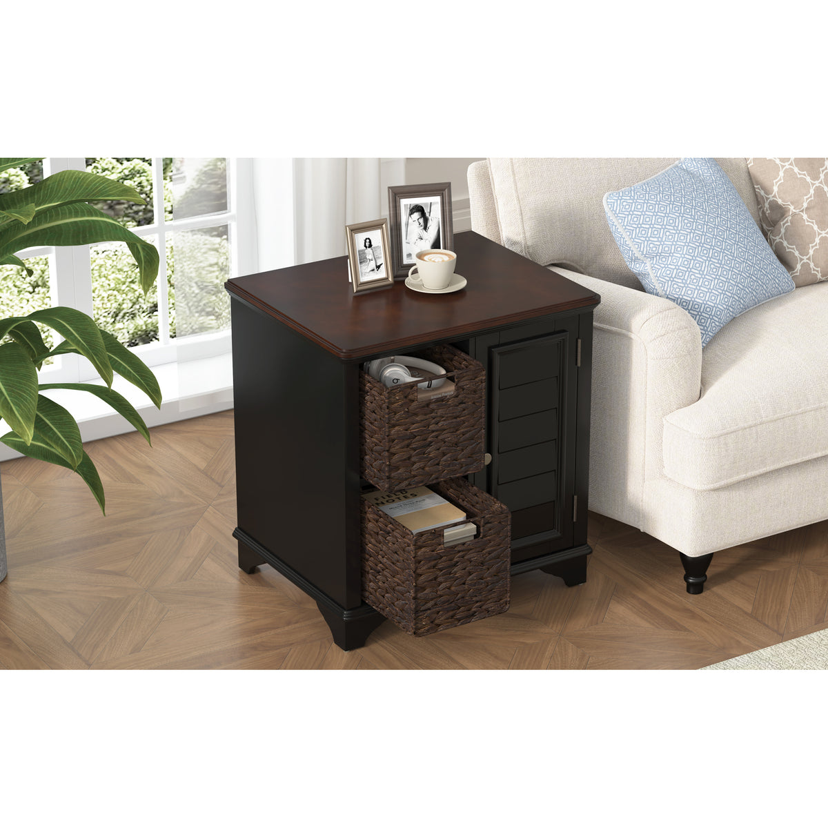 variant-group:rf-n724p401353b|Roomfitters American Style Louvered Side End Table with 2 Grass Storage Baskets, Black