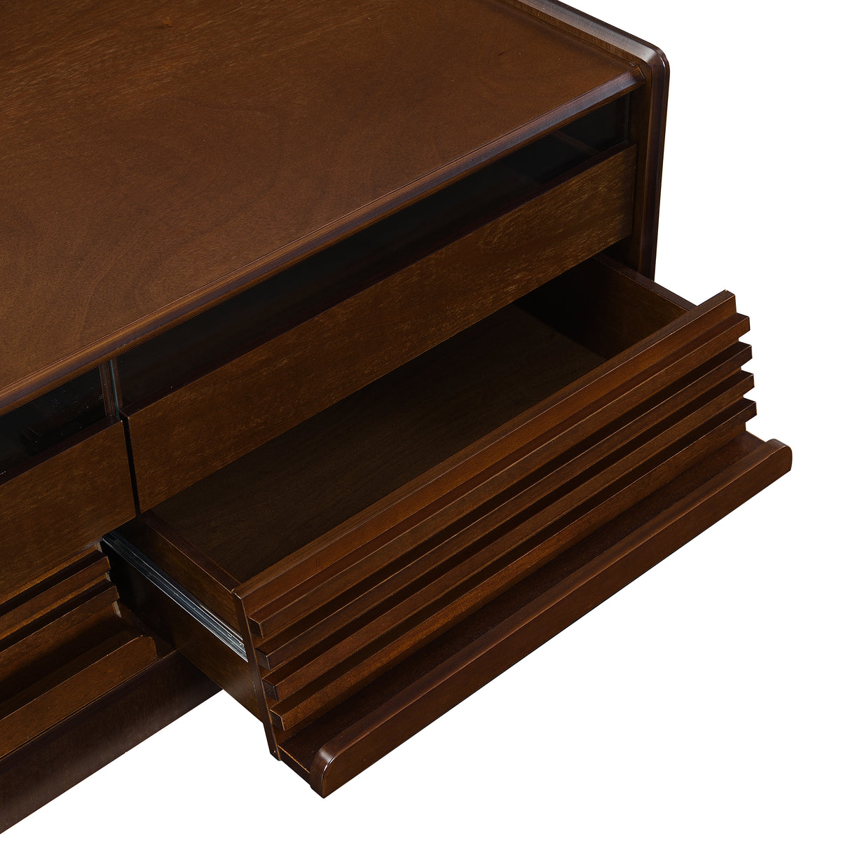 variant-group:rf-n724p286421d|Roomfitters Rectangle Coffee Table with Fluted Style, 4 Storage Compartments and Glass Display Shelves, Brown