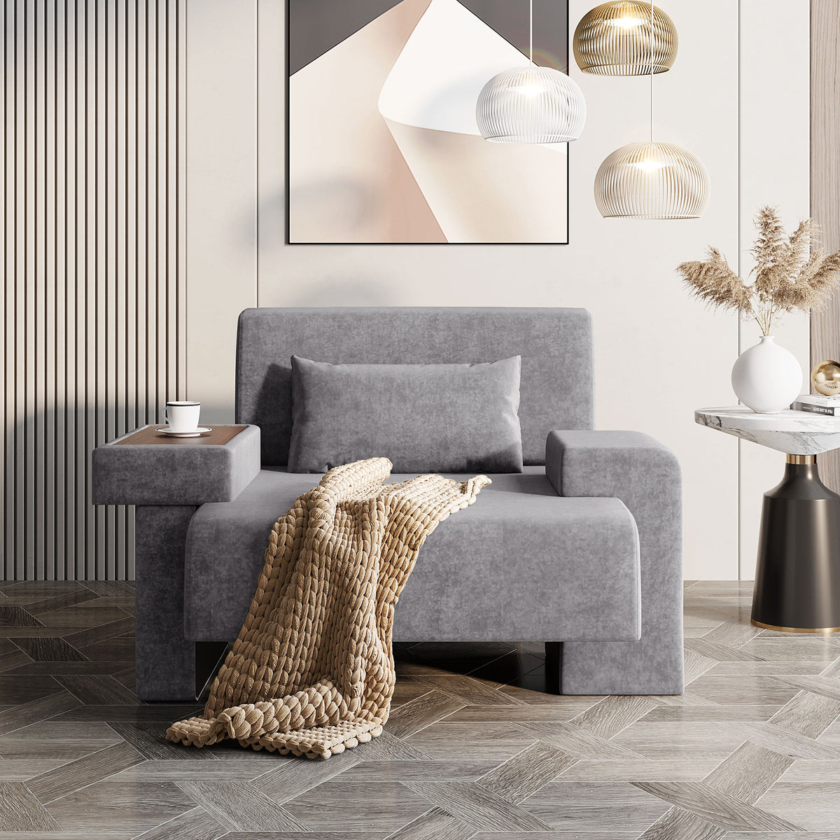 variant-group:rf-n724sj000130aae|Roomfitters Oversized Mid-Century Armchair 48” Wide with Soft Cushion and Wood Frame, Lounge Reading Chair, Gray