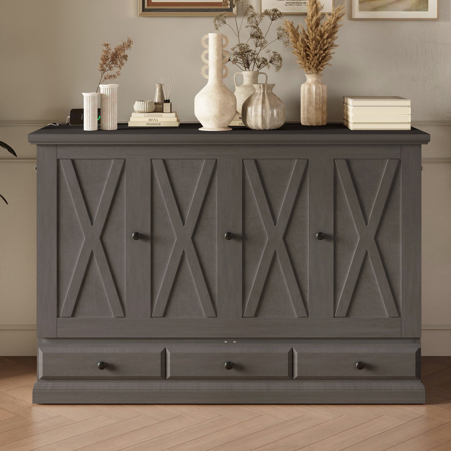 Roomfitters Full Size Solid Wood Murphy Bed Chest Cabinet, Farmhouse Wall Bed Charging Station Storage Drawer, Grey Roomfitters