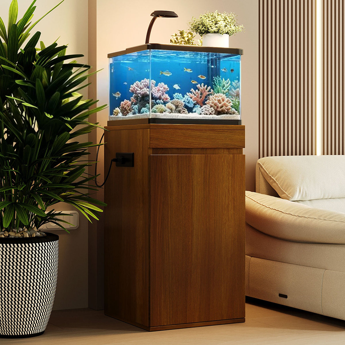 Roomfitters 10-15 Gallon Small Fish Tank Stand with Storage Cabinet and Side Power Outlets Walnut Brown Roomfitters