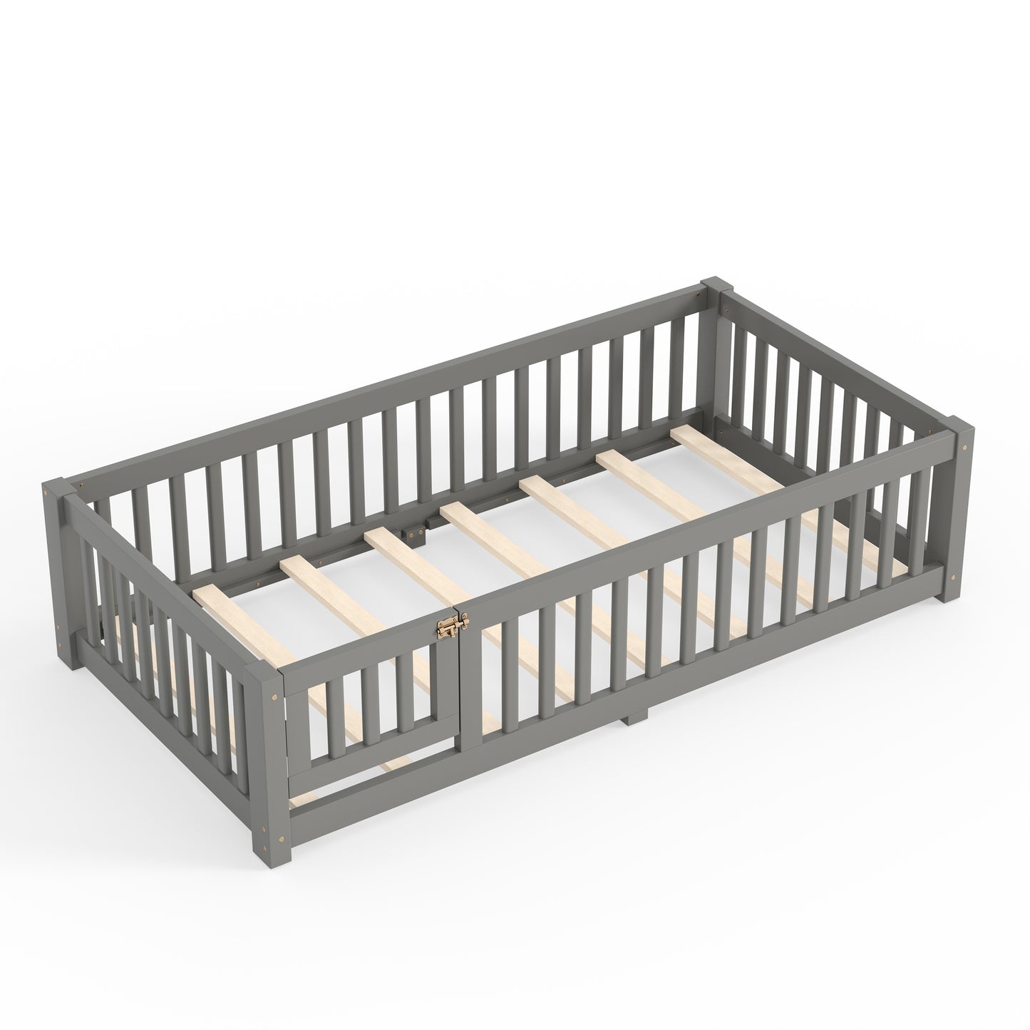 variant-group:rf-w1580p462312|Roomfitters Twin Size Wooden Floor Bed Frame with Safety Guardrails Door, Solid Wood Low Profile Toddler Play Bed, Gray