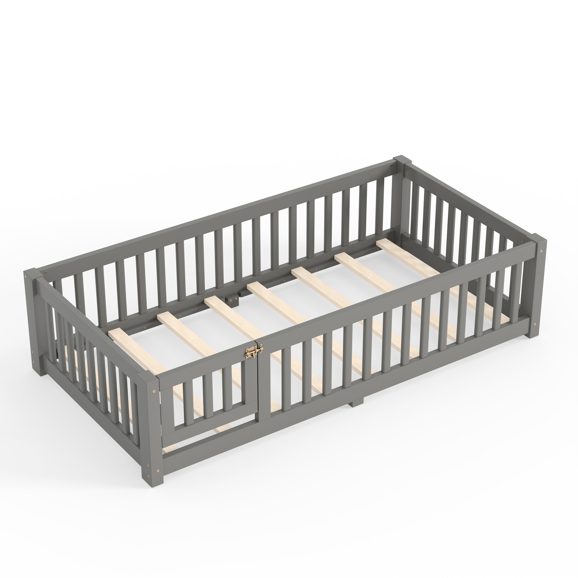 variant-group:rf-w1580p462312|Roomfitters Twin Size Wooden Floor Bed Frame with Safety Guardrails Door, Solid Wood Low Profile Toddler Play Bed, Gray