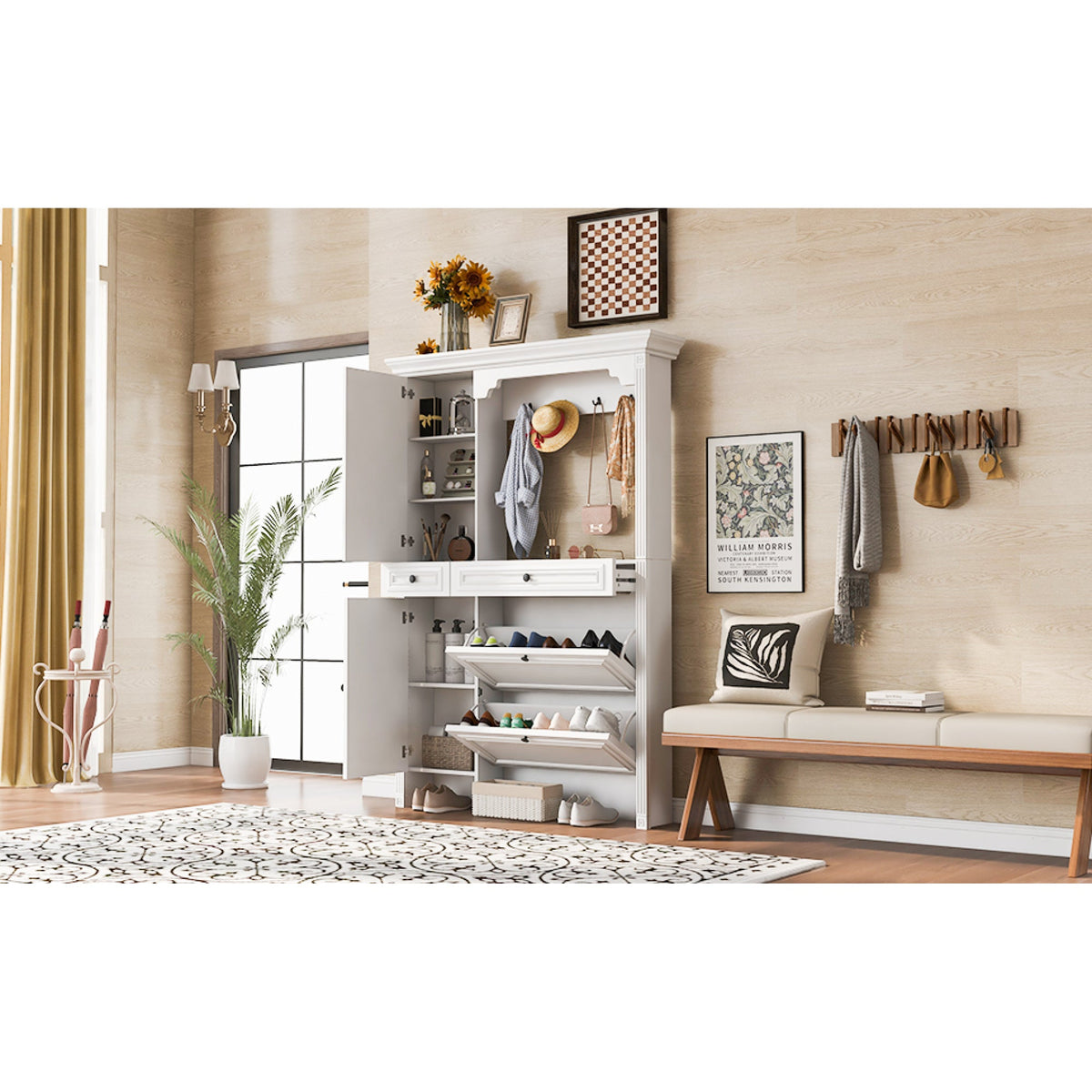 Roomfitters Hall Tree with Shoe Cabinet and Mirrored Door, 4 Hooks and Bench Storage Organizer, White Roomfitters
