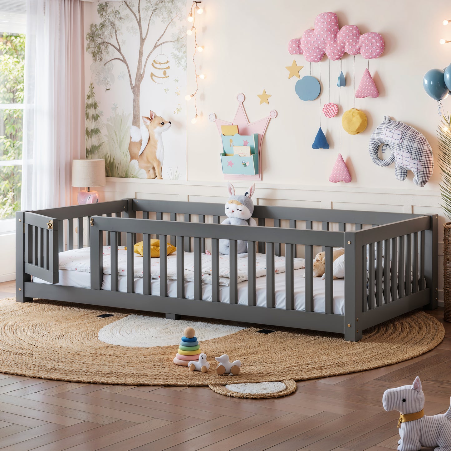variant-group:rf-w1580p462312|Roomfitters Twin Size Wooden Floor Bed Frame with Safety Guardrails Door, Solid Wood Low Profile Toddler Play Bed, Gray