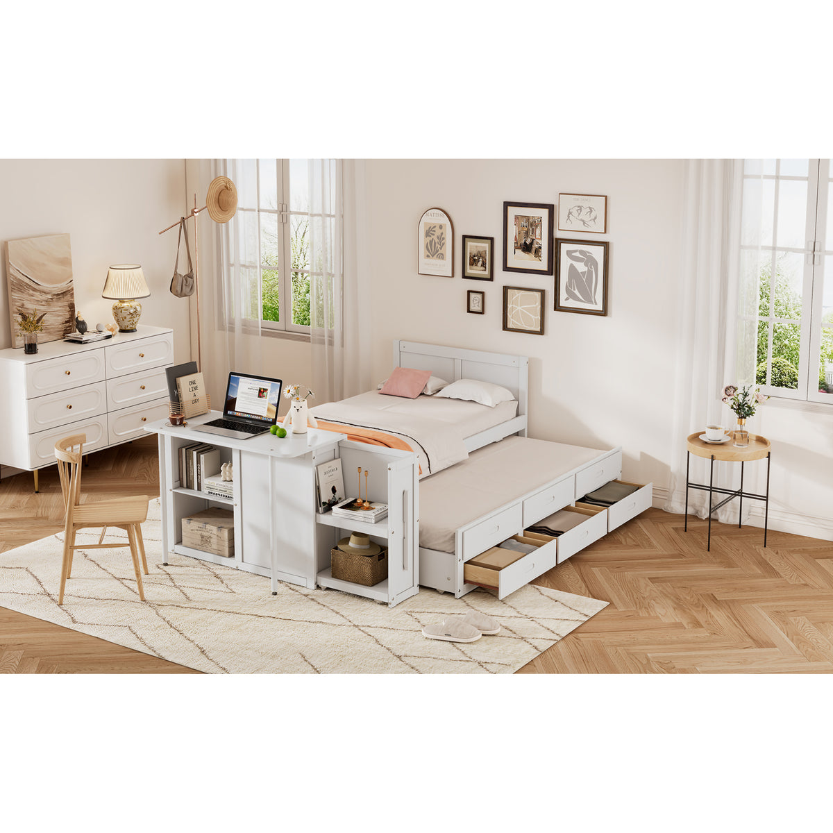 variant-group:rf-n733s212832k|Roomfitters Twin Size Multifunctional Wood Platform Bed with Desk and Storage Shelf, Built-in Trundle and Storage, White