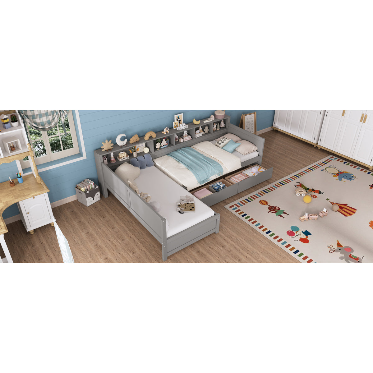 variant-group:rf-n733s369272e|Roomfitters Twin L-Shaped Daybed for 2 with 3 Storage Drawers, Wooden Corner Bed Frame with Bookshelf for Bedroom, Gray
