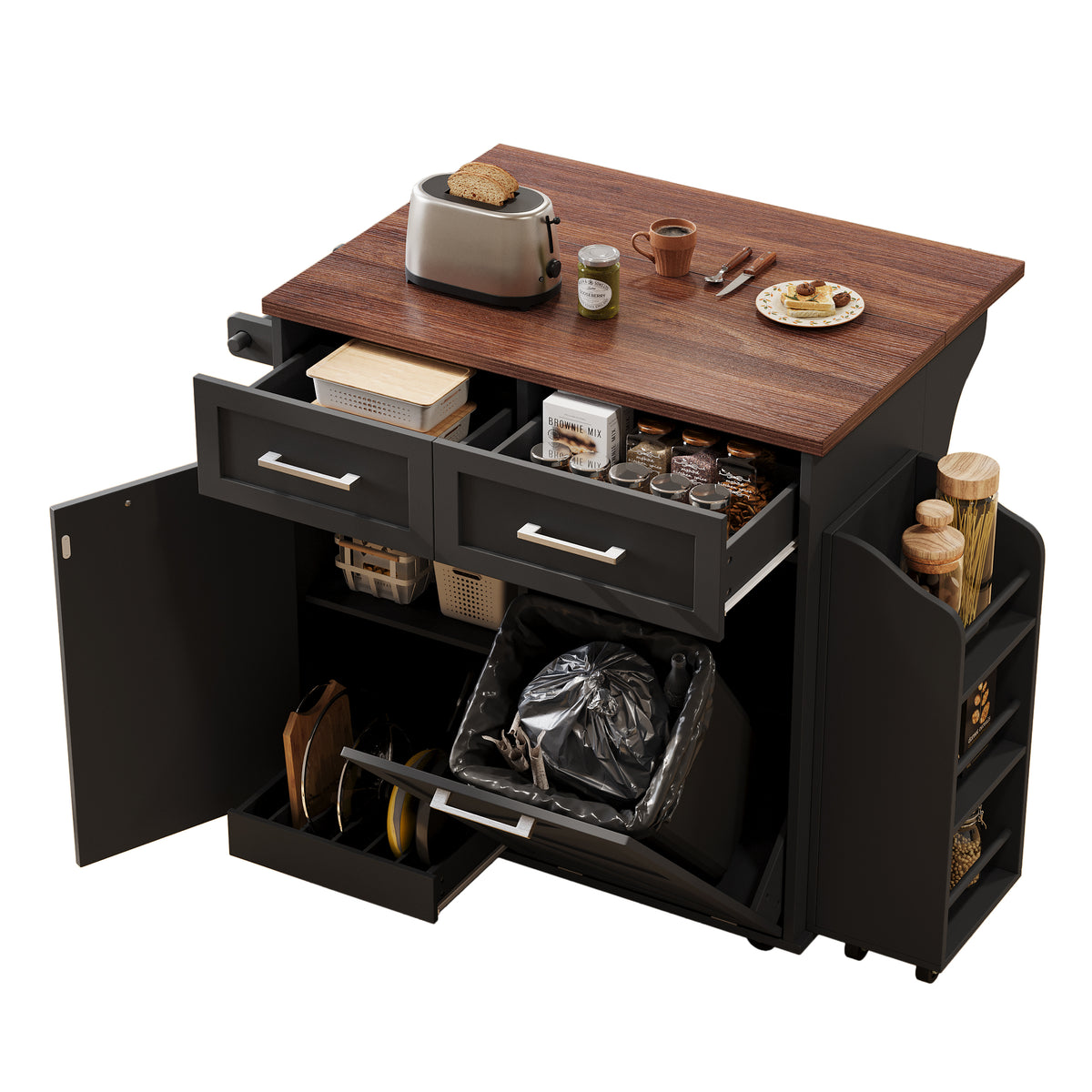 variant-group:rf-n707p307296b|Roomfitters 47.2" Farmhouse Kitchen Island with Drop Leaf, Tilt Trash Can Cabinet, Removable Mobile Side Racks, Black