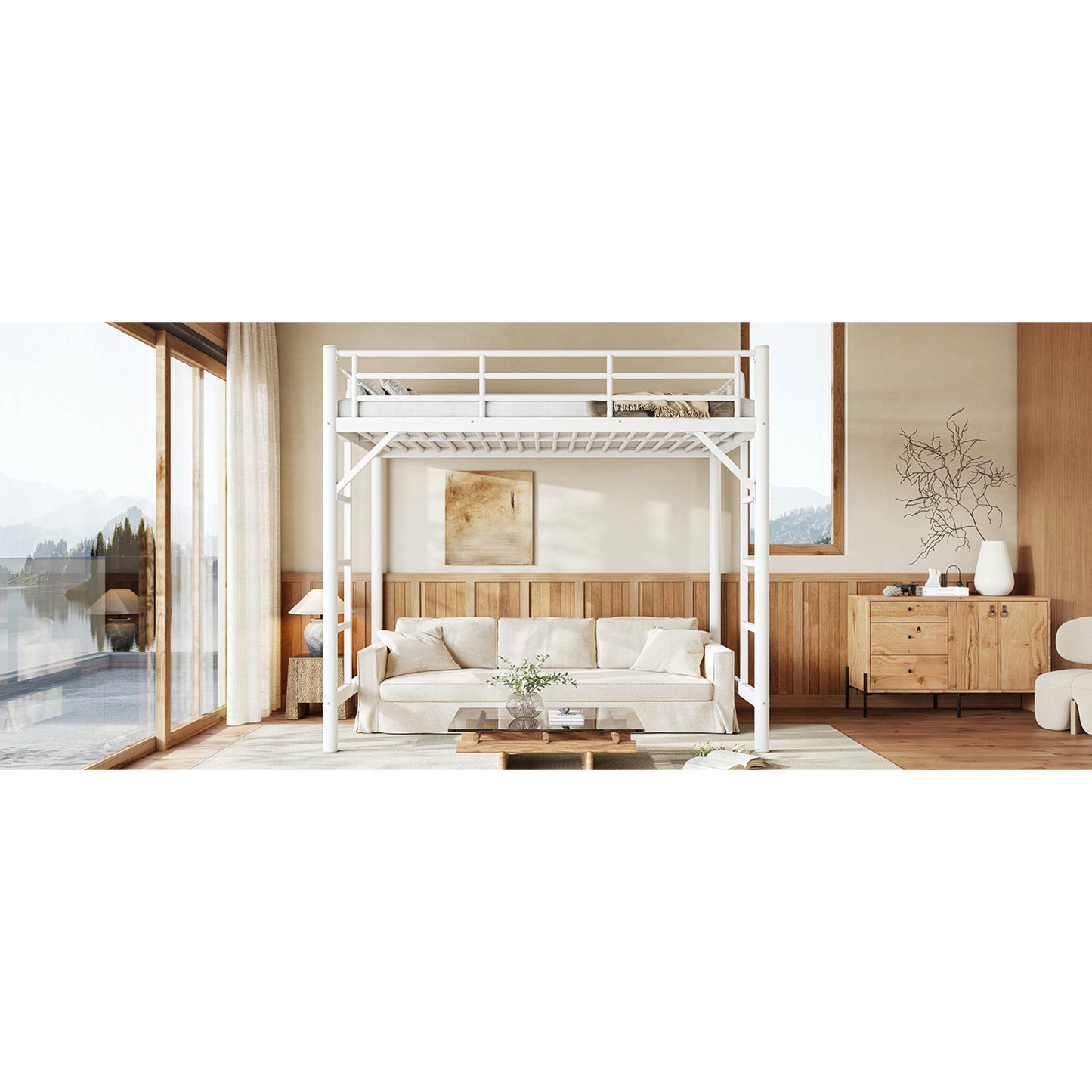 variant-group:rf-w1580p455012|Roomfitters Twin Size Metal Loft Bed Frame with Guardrails, Heavy Duty Space Saving High Loft Bed Dual Ladders, White
