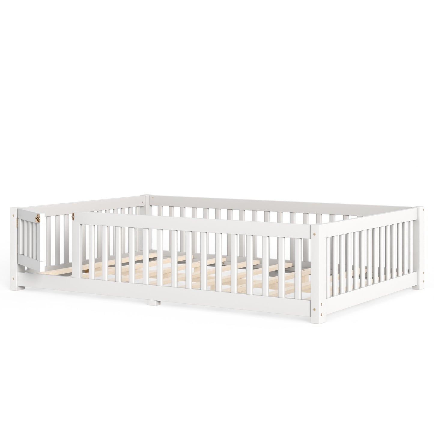 variant-group:rf-w1580p462324|Roomfitters Queen Size Wooden Floor Bed Frame with Safety Guardrails Door, Solid Wood Low Profile Toddler Play Bed, White