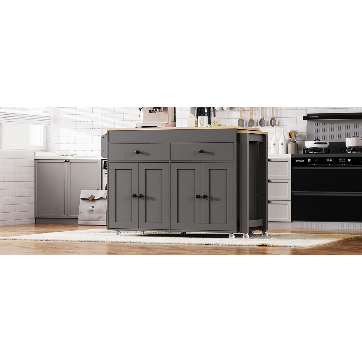 variant-group:rf-n707p333291g|Roomfitters 74.8" Rolling Kitchen Island with Extendable Dining Table, Mobile Cart with 4 Doors, 2 Drawers & Spice Rack, Grey