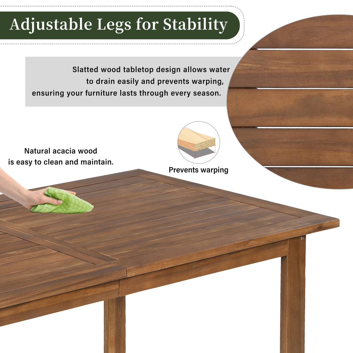 variant-group:rf-n711wy000497aae|Roomfitters Farmhouse 5-Piece Outdoor Dining Set for 4, Acacia Wood Table and Chair Pack, Brown and Grey Slatted