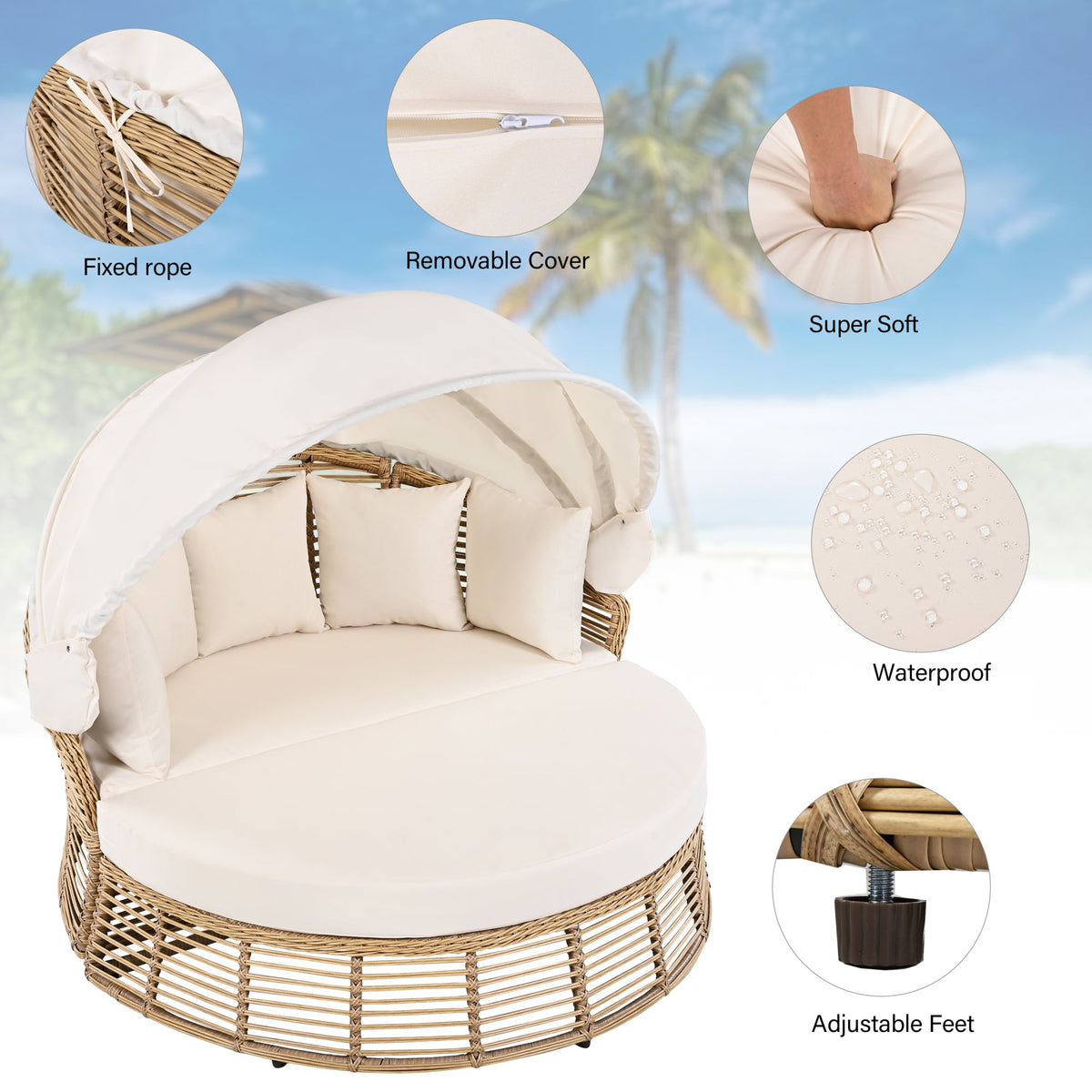 Roomfitters Outdoor Patio Rattan Round Daybed with Retractable Canopy and Removable Wicker Sectional Cushions Roomfitters