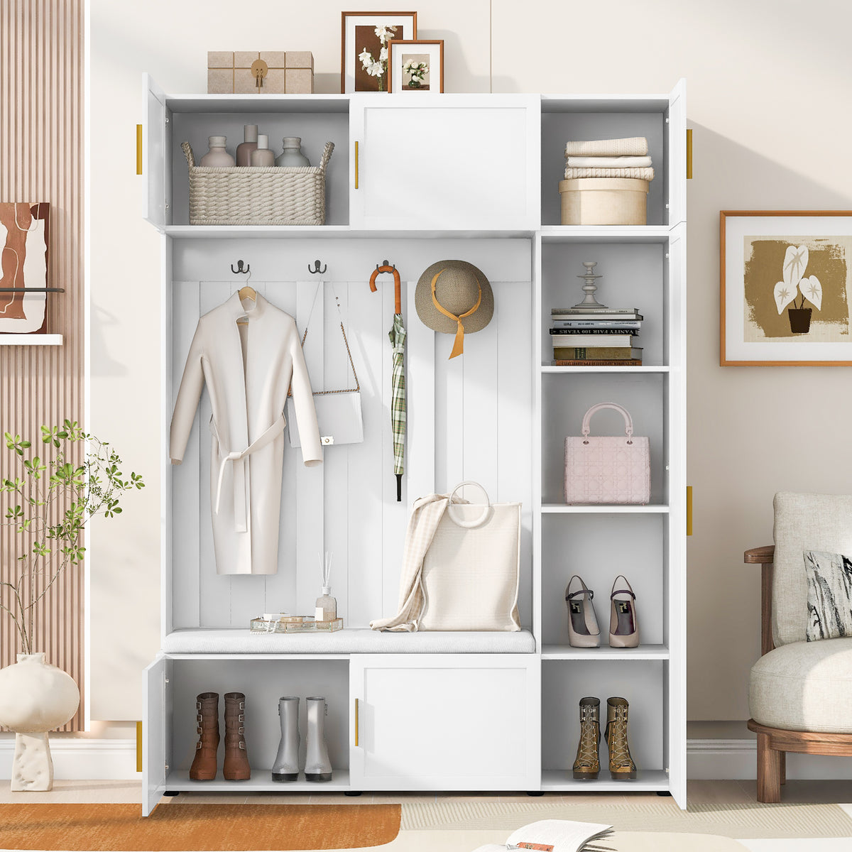 variant-group:rf-n724sj000166aak|Roomfitters American Style 4-in-1 Hall Tree, Upholstered Entryway Bench, Ancient White