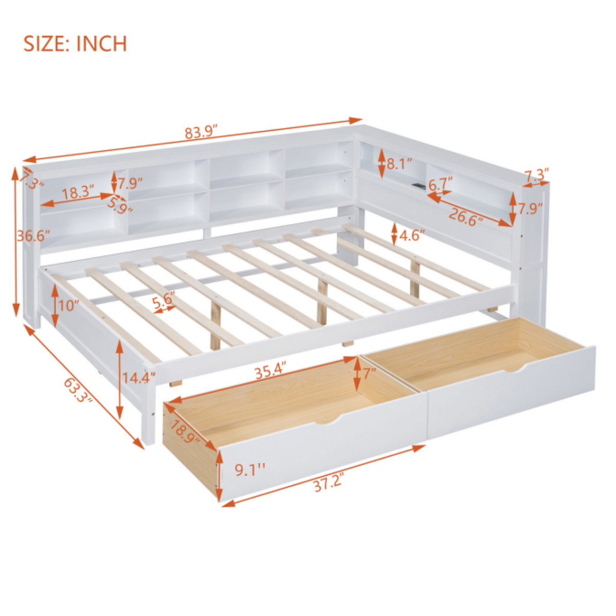 Roomfitters Wooden Full Daybed with Underbed Storage, Built-In Shelf & USB Charging Ports, White