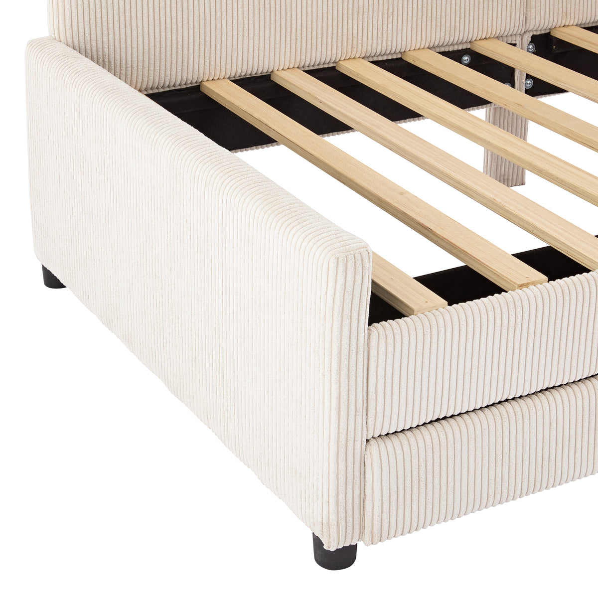 variant-group:rf-n733p171470a|Roomfitters Twin Size L-Shaped Corduroy Daybed, Upholstered Platform Bed Frame with 2 Convenient Storage Drawers for a Modern Touch, Beige