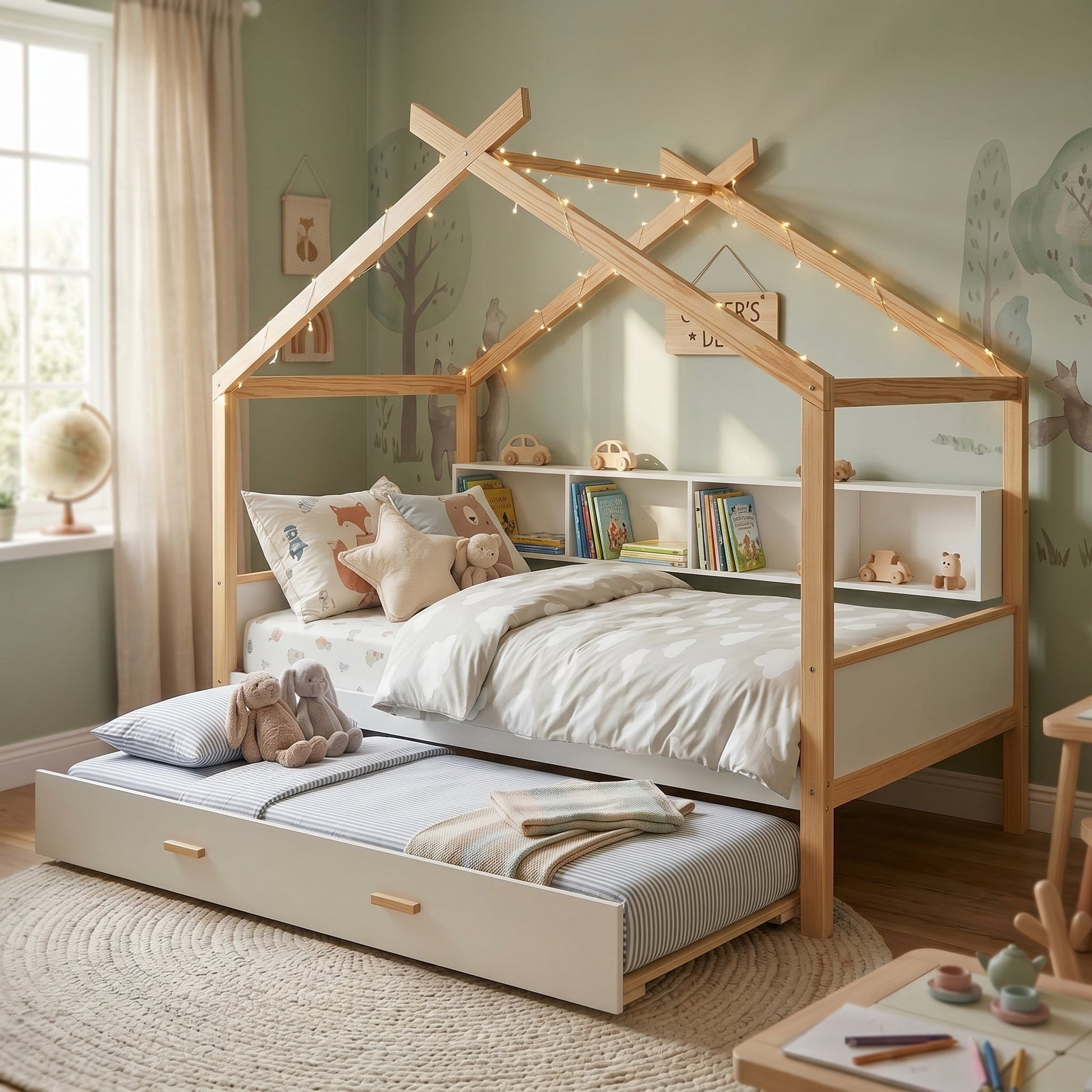 Roomfitters Twin Size Wooden House Bed Frame with Twin Trundle, Bookshelf Storage Furniture, No Box Spring, White Natural Roomfitters