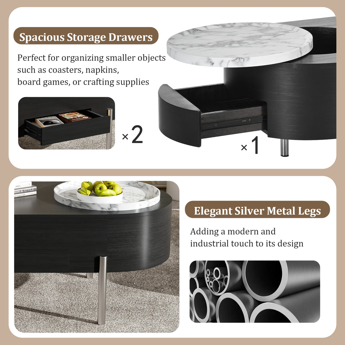 variant-group:rf-n724p228920b|Roomfitters Lift Top Oval Coffee Table with Rotating Marble Tray and Hidden Compartment, Black