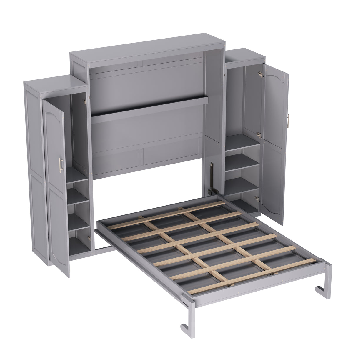 variant-group:rf-n733s235627e|Roomfitters Queen Murphy Wall Bed with Two Wardrobes and Storage Shelf, Foldable Platform Bed Frame for Guest Room, Gray