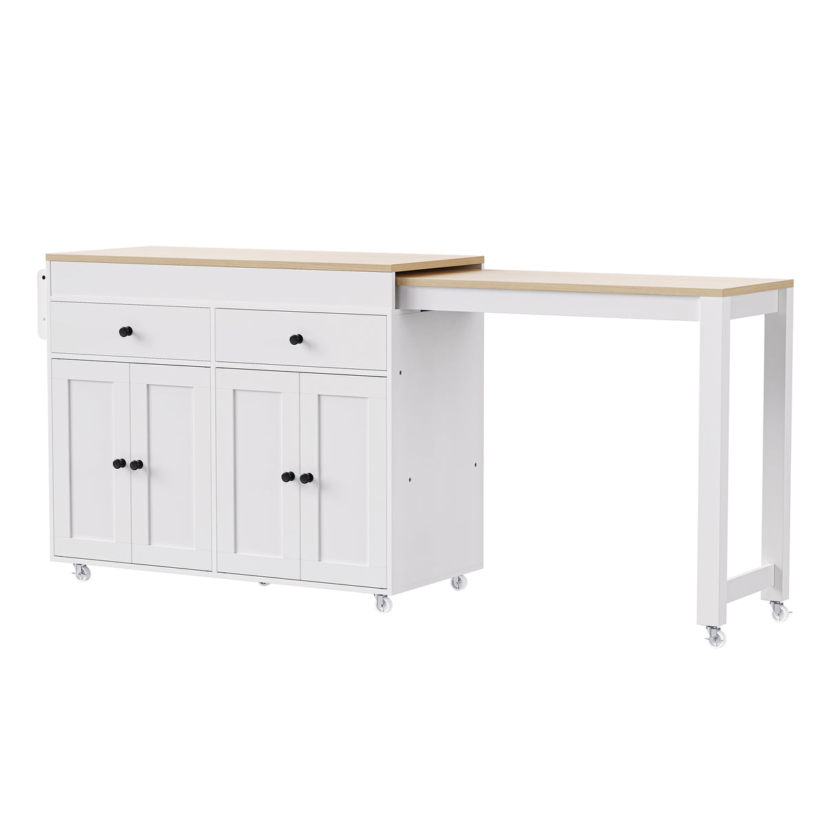 variant-group:rf-n707p333291w|Roomfitters 74.8" Rolling Kitchen Island with Extendable Dining Table, Mobile Cart with 4 Doors, 2 Drawers & Spice Rack, White