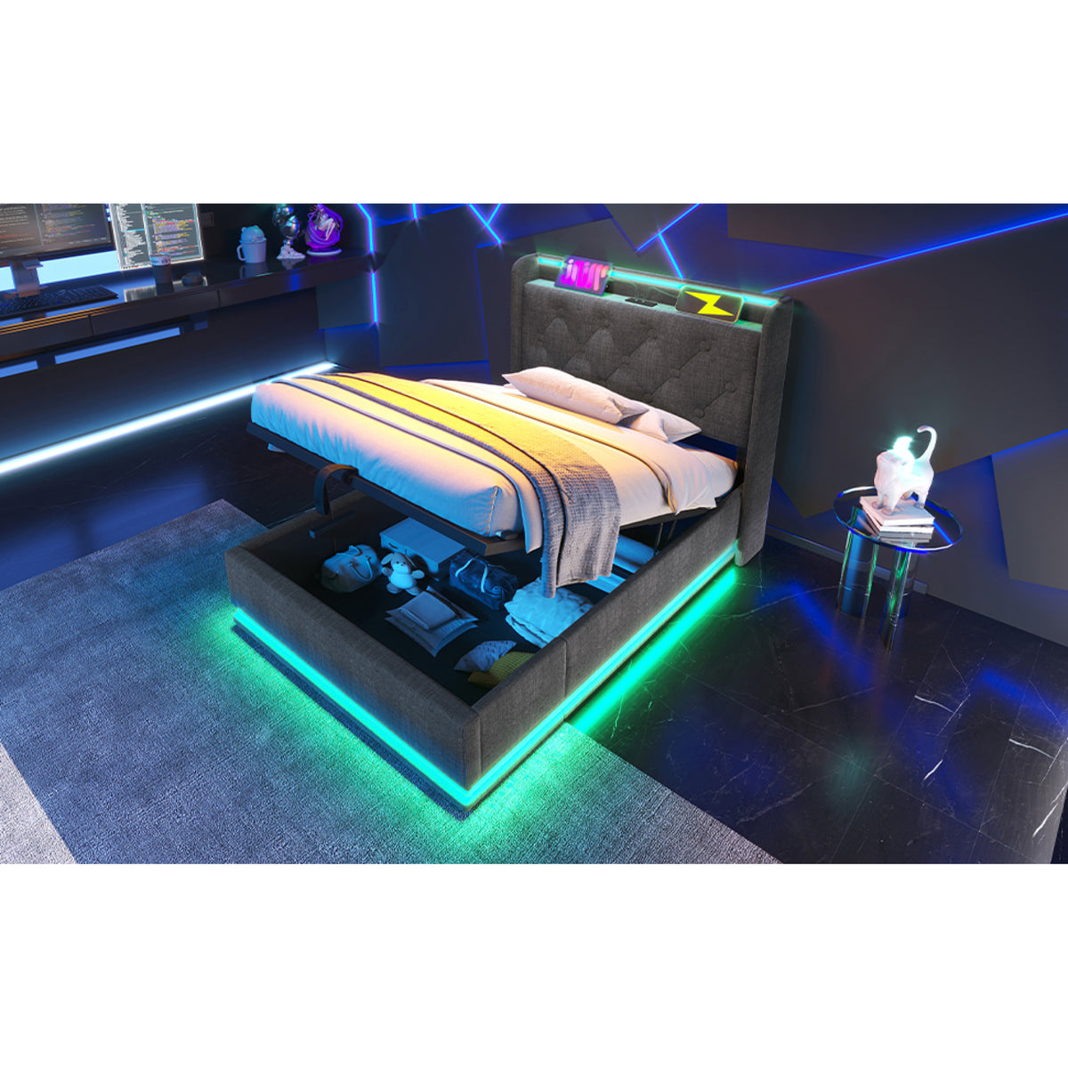 variant-group:rf-n736p188805g|Roomfitters Twin Size Upholstered Storage Bed with USB Type-C Charging and Remote Control, Linen Gray