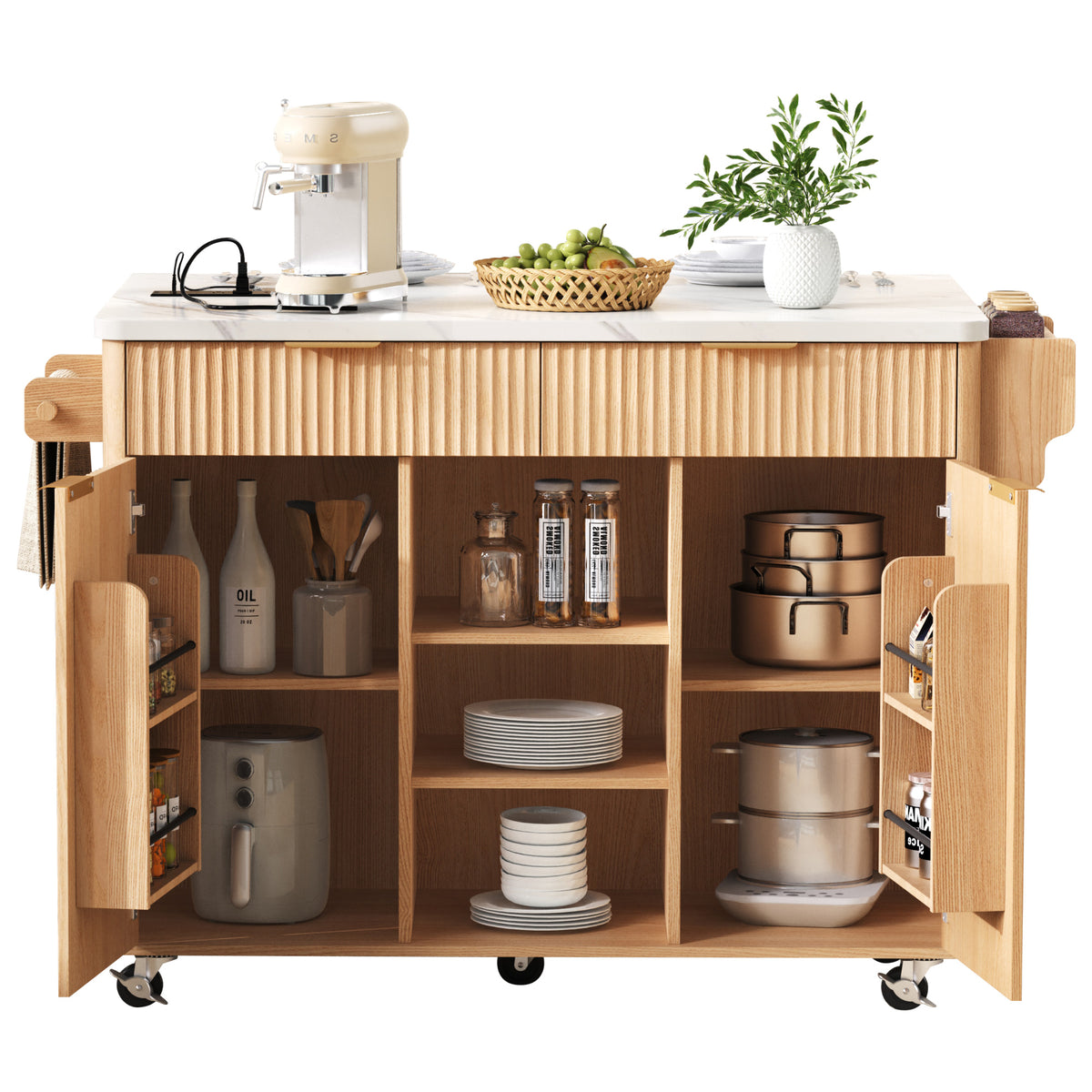 variant-group:rf-n707s000019y|Roomfitters 52" Fluted Kitchen Island with Drop Leaf, Power Outlet & Faux Marble Top, Natural