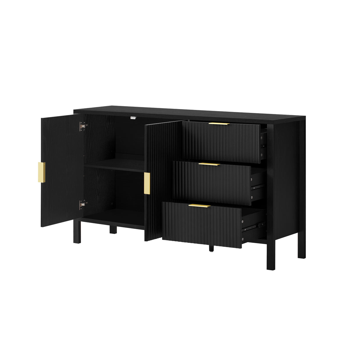 variant-group:rf-n711p345172b|Roomfitters Sideboard Buffet Cabinet with 3 Drawers, 2 Door Mid-century Fluted Accent Storage for Kitchen & Dining, Black