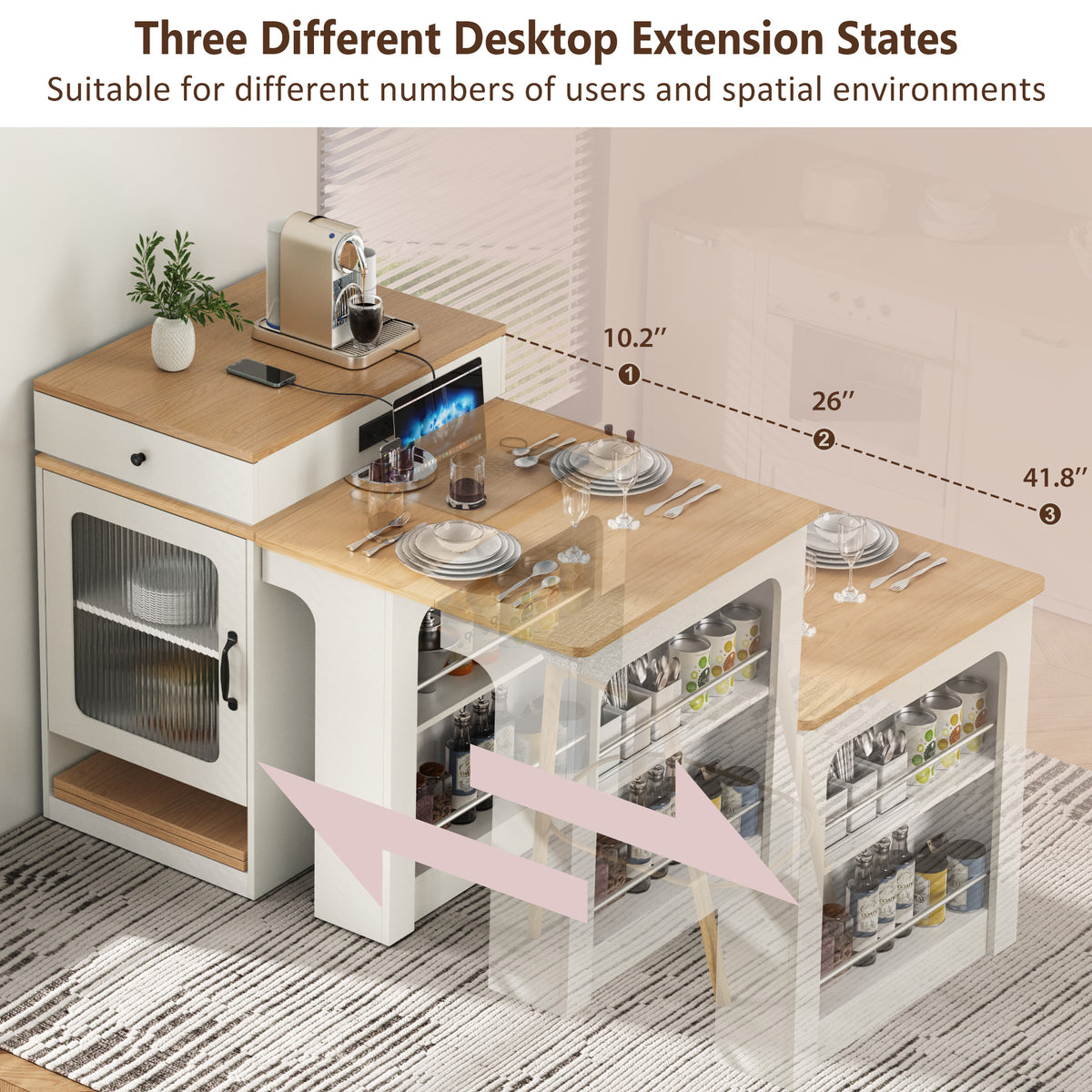 variant-group:rf-n707s000017w|Roomfitters 59.5" Kitchen Island with 41.8" Extendable Dining Table, Double-Sided Storage, Power Outlet, 2 Drawers, White
