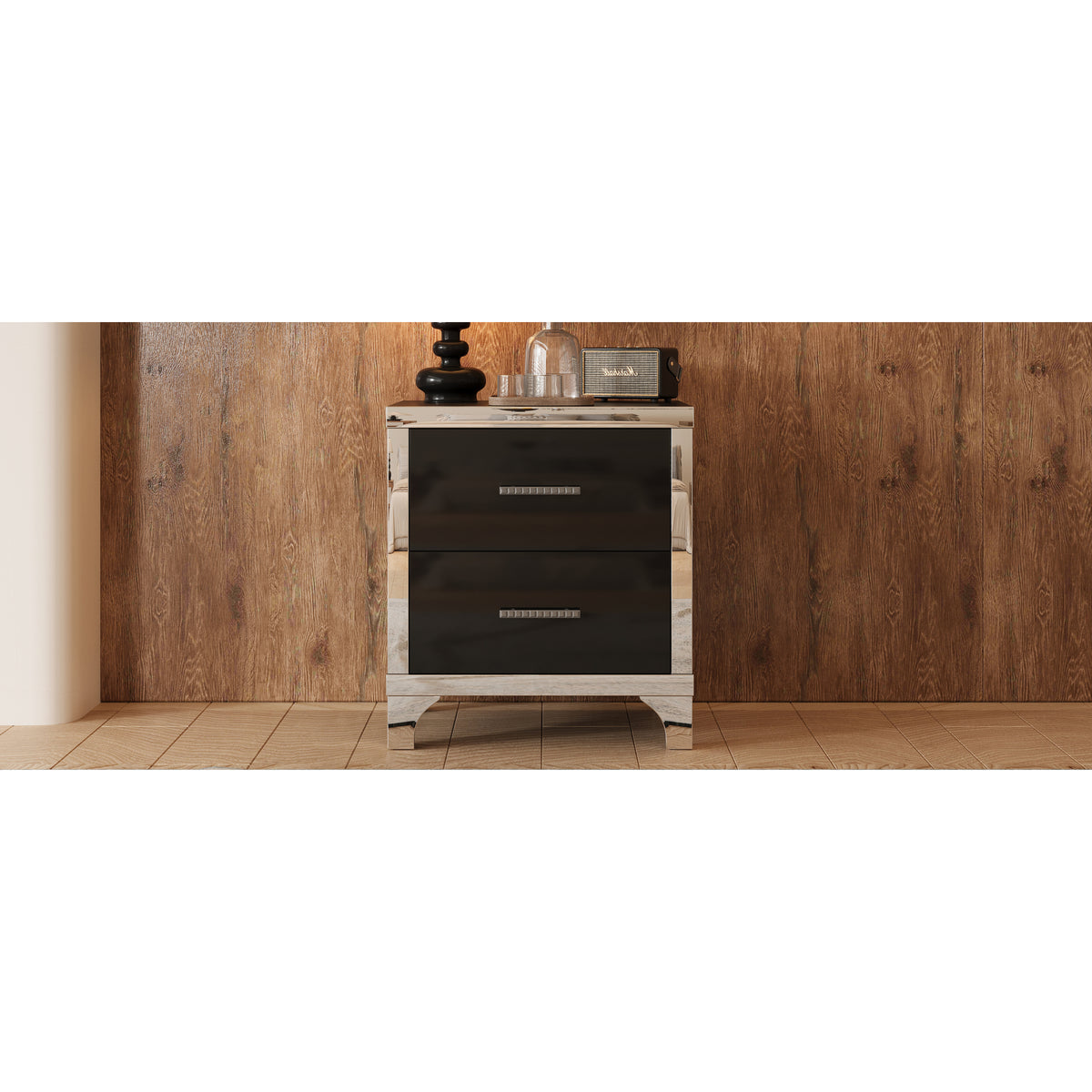 variant-group:rf-n733p205356b|Roomfitters High Gloss Nightstand with Metal Handle, Mirrored Bedside Storage Table for Bedroom or Living Room, Black