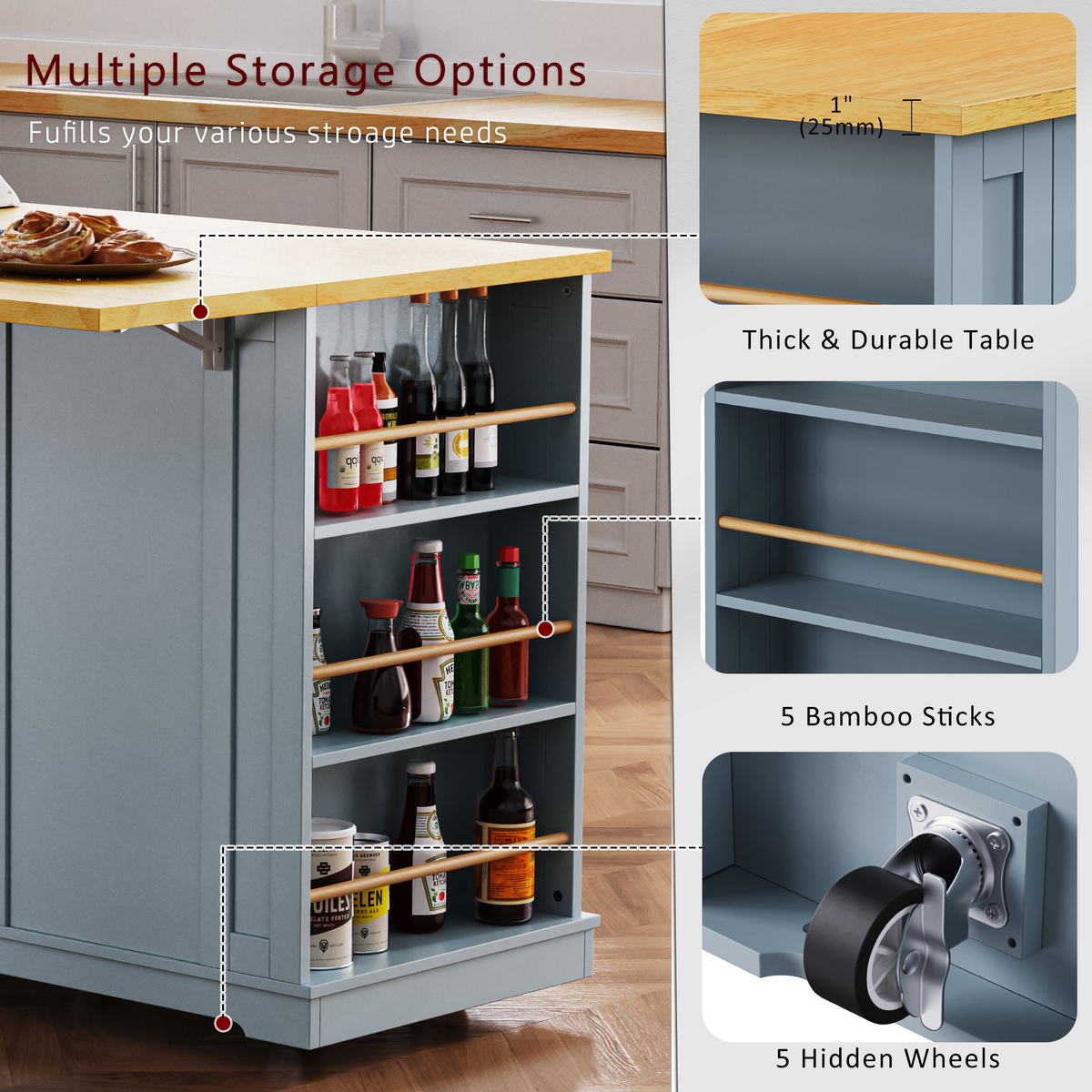 variant-group:rf-n707s003007g|Roomfitters 53" Kitchen Island with 2 Bar Stools, Drop Leaf, Power Outlet, Rolling Kitchen Cart Set with Storage, Grey-Blue