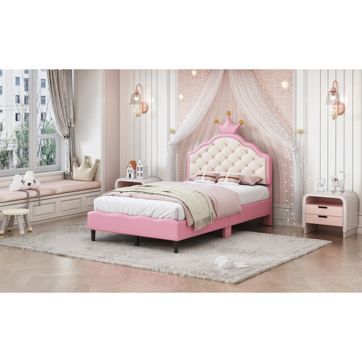 variant-group:rf-n733p198760h|Roomfitters Twin Size Upholstered Princess Bed with Crown Design, Elegant PU Leather Platform Bed with Tufted Headboard for a Stylish Bedroom, Pink + Cream