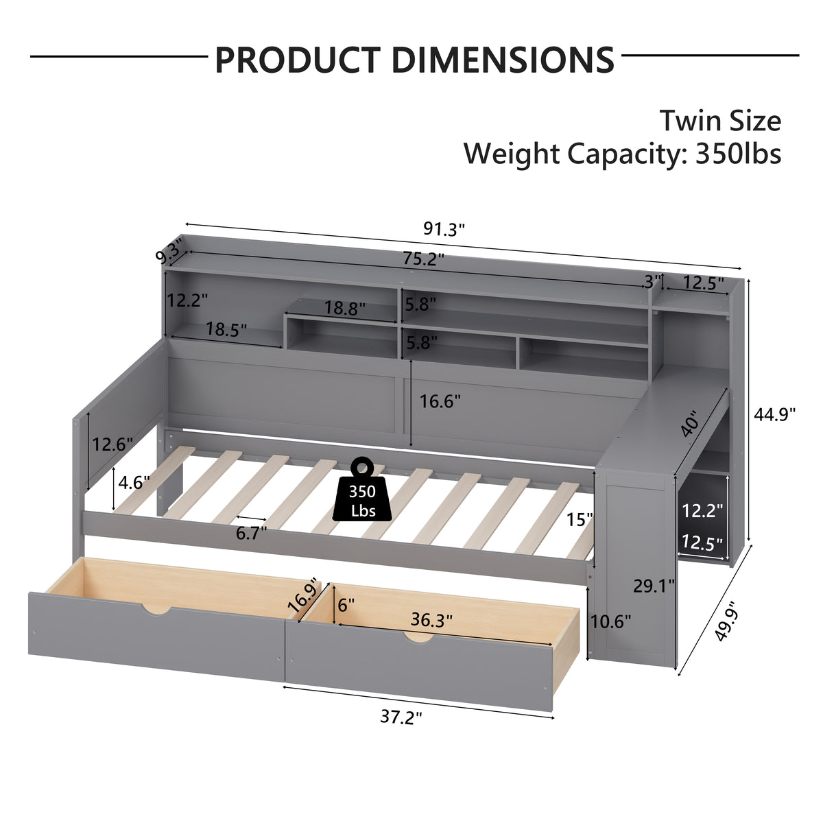 variant-group:rf-n733s241484e|Roomfitters Wooden Twin Size Daybed with Storage Shelves, Multi-functional Bed with Two Storage Compartments and Study Desk, Gray