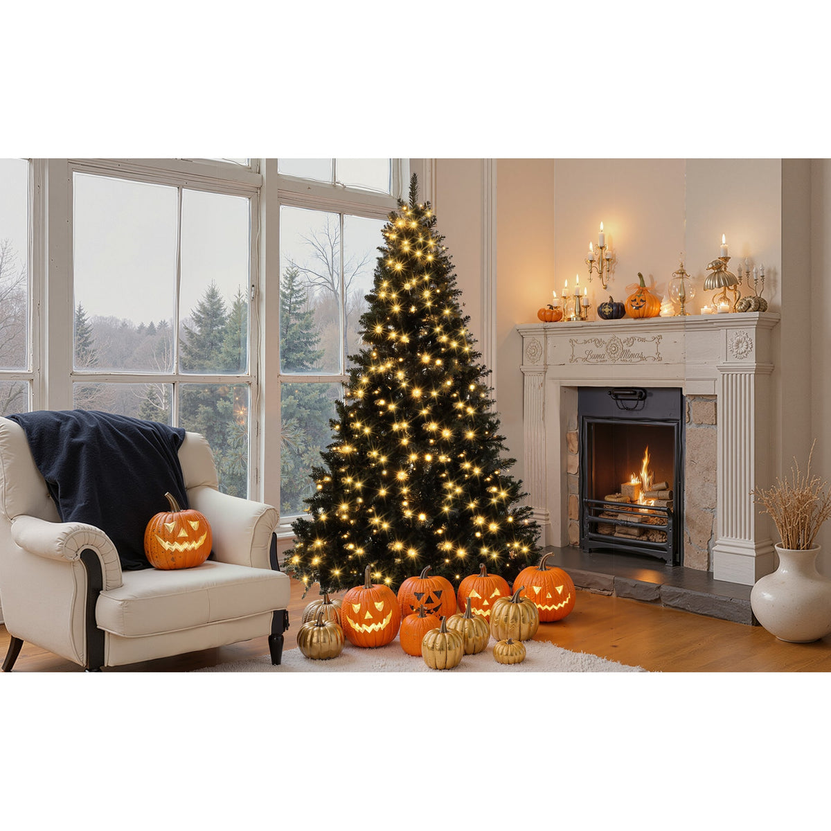Roomfitters Pre-Lit Black Artificial Christmas Tree 6FT, Hinged Holiday Spruce Tree with 920 Tips and Color-Changing Lights Roomfitters