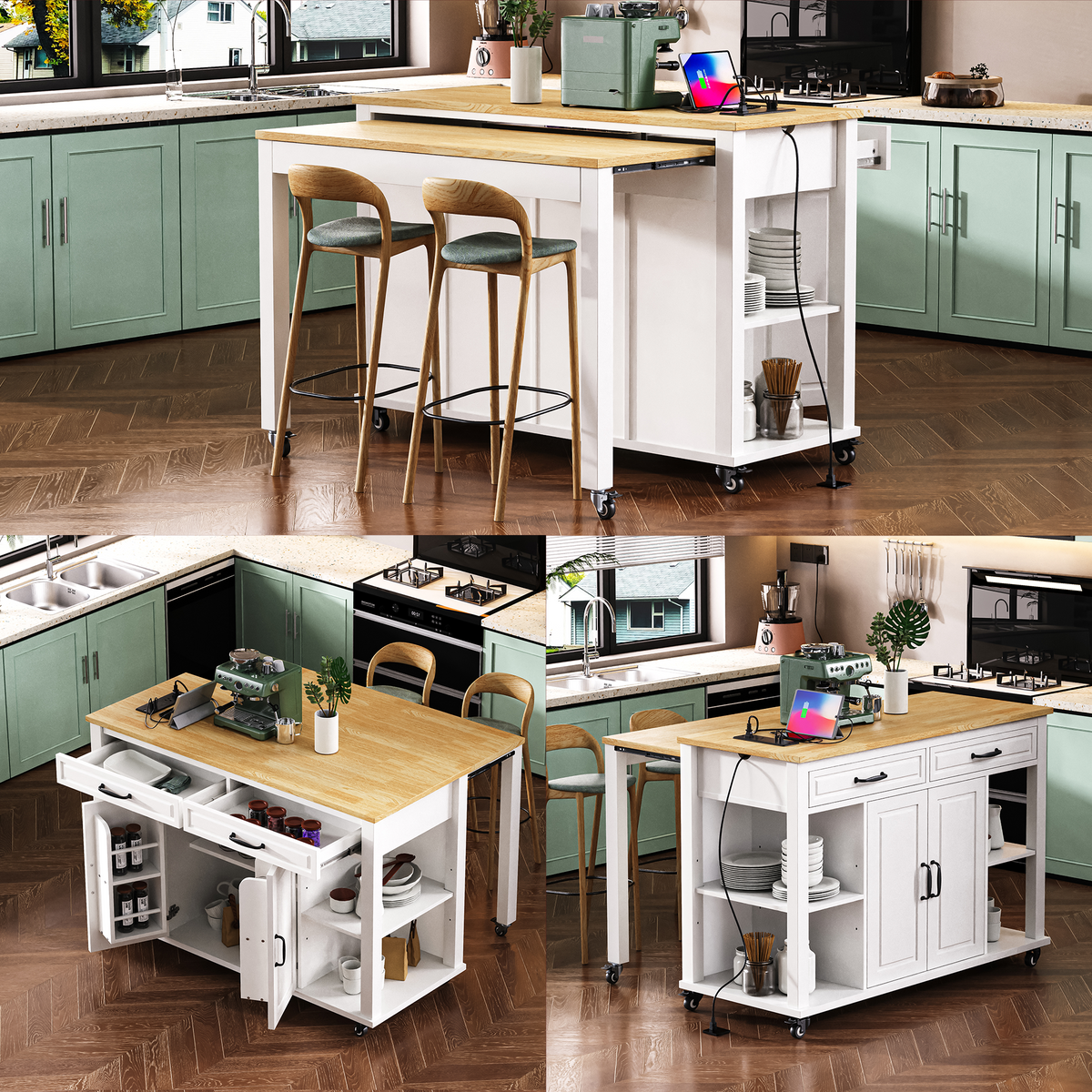 variant-group:rf-n707p215327w|Roomfitters 47" Kitchen Island with Extendable Dining Table, Storage Cabinet, Power Outlet, Rubber Wood Veneer, White