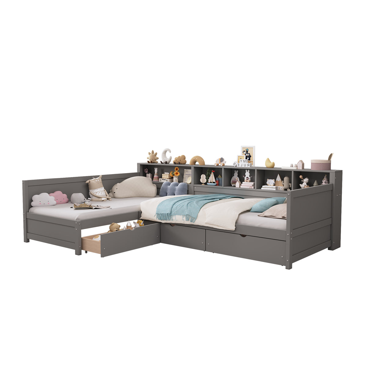 variant-group:rf-n733s369272e|Roomfitters Twin L-Shaped Daybed for 2 with 3 Storage Drawers, Wooden Corner Bed Frame with Bookshelf for Bedroom, Gray