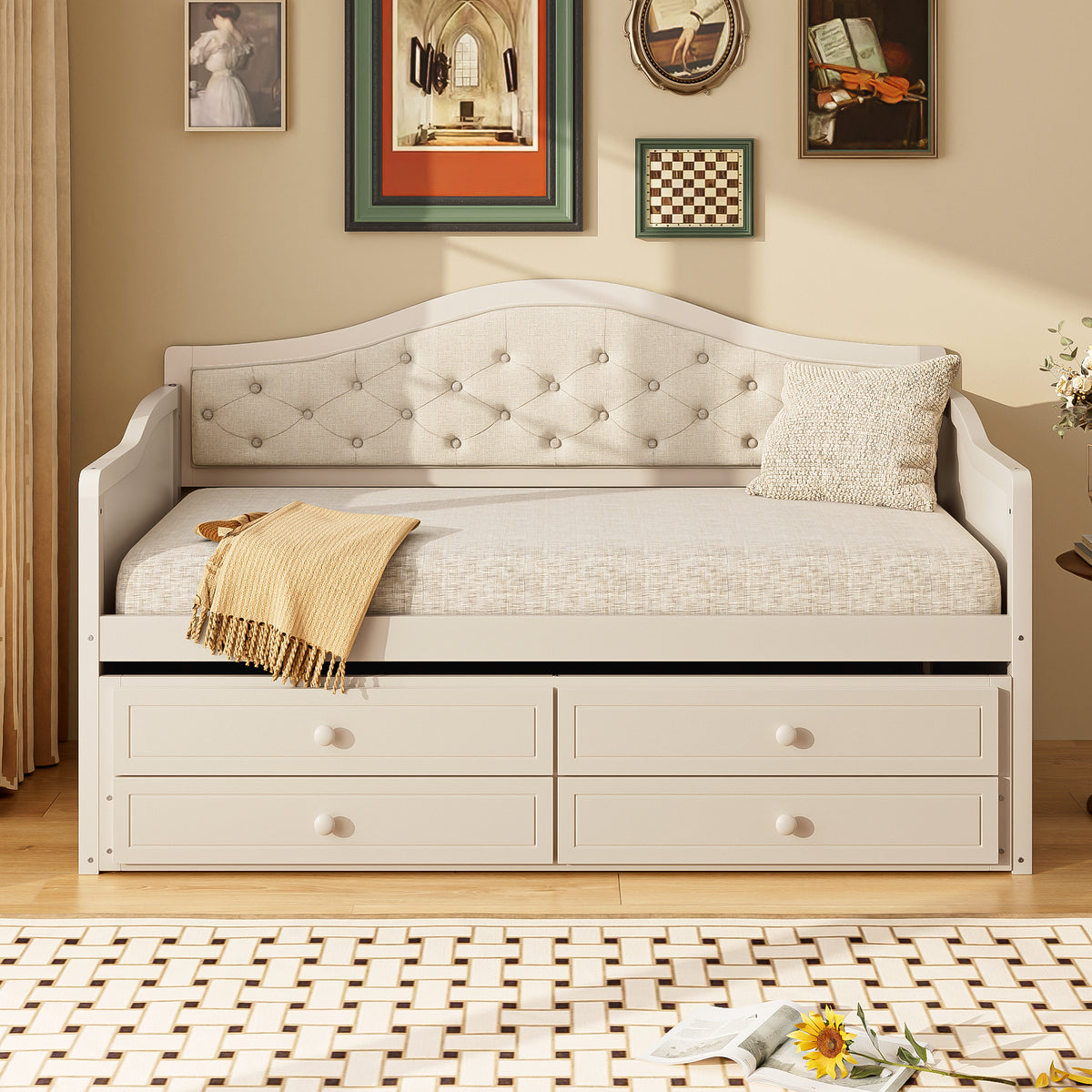 variant-group:rf-n733s346767a|Roomfitters Twin Daybed with Trundle, Wooden Sofa Bed with 2 Storage Drawers & Tufted Backrest, Beige