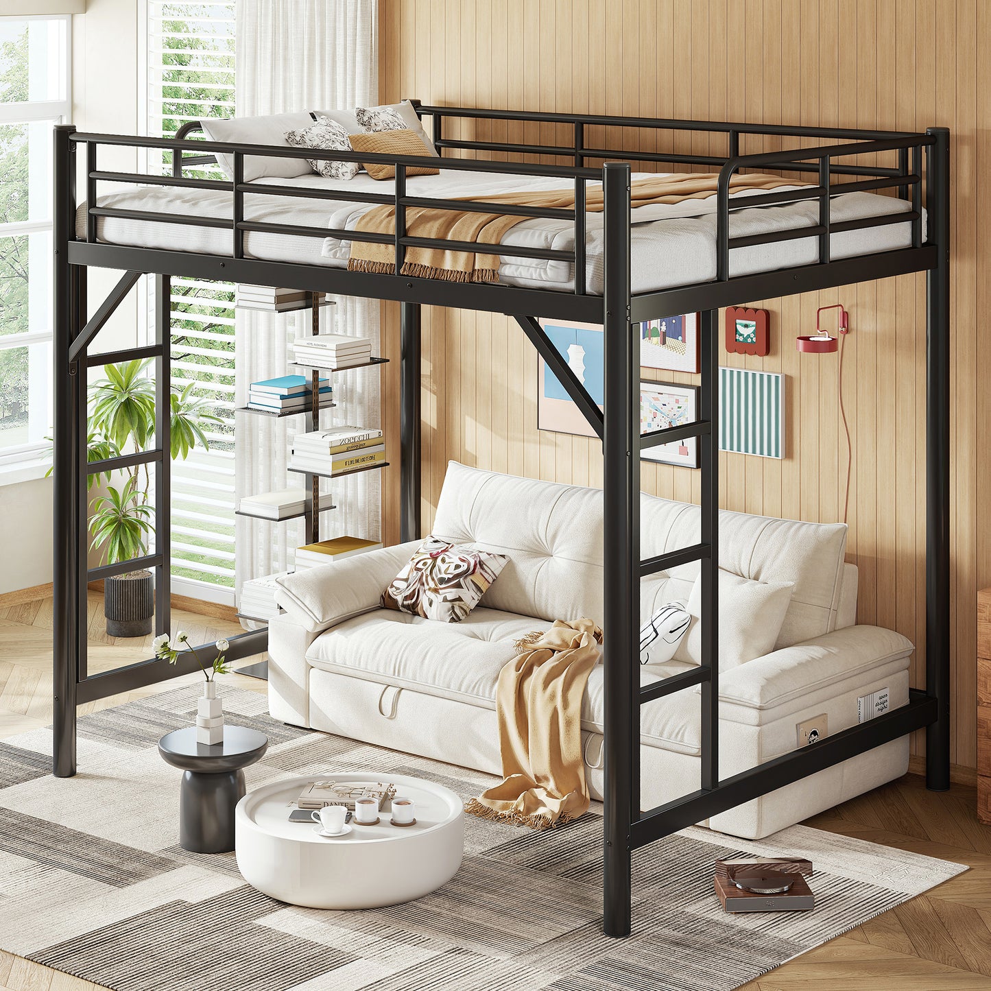 variant-group:rf-w1580p455015|Roomfitters Full Size Metal Loft Bed Frame with Guardrails, Heavy Duty Space Saving High Loft Bed Dual Ladders, Black