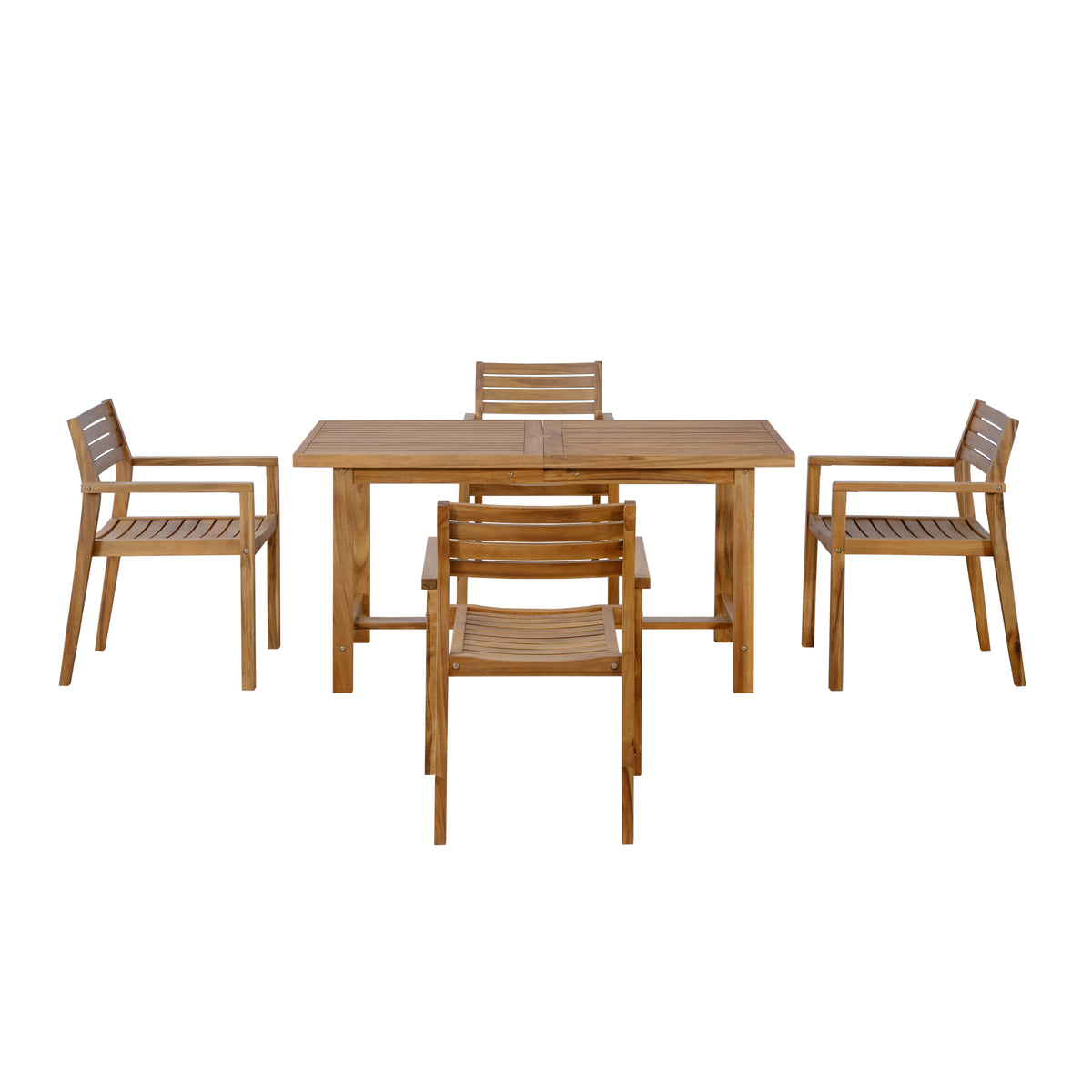 variant-group:rf-n711wy000477aao|Roomfitters Farmhouse 5-Piece Outdoor Dining Set for 4, 59-Inch Rectangular Table, Umbrella Hole, Natural Wood Patio