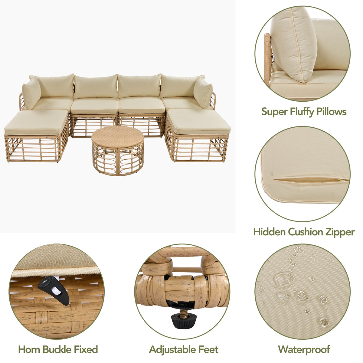 Roomfitters 7-Piece Contemporary Hollow-Woven Rattan Sectional Sofa Set with Round Coffee Table Brown Roomfitters