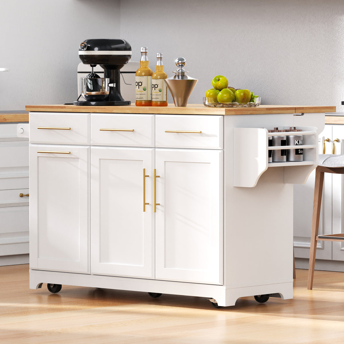 variant-group:rf-n707s299014w|Roomfitters 59.3" Kitchen Island with Power Outlet, Drop Leaf and Double Trash Can Pull Out, Rolling Cart, White