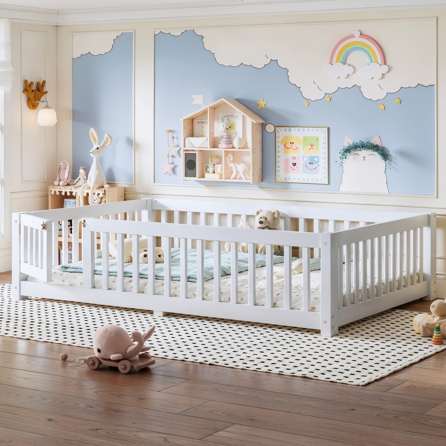 variant-group:rf-w1580p462317|Roomfitters Full Size Wooden Floor Bed Frame with Safety Guardrails Door, Solid Wood Low Profile Toddler Play Bed, White