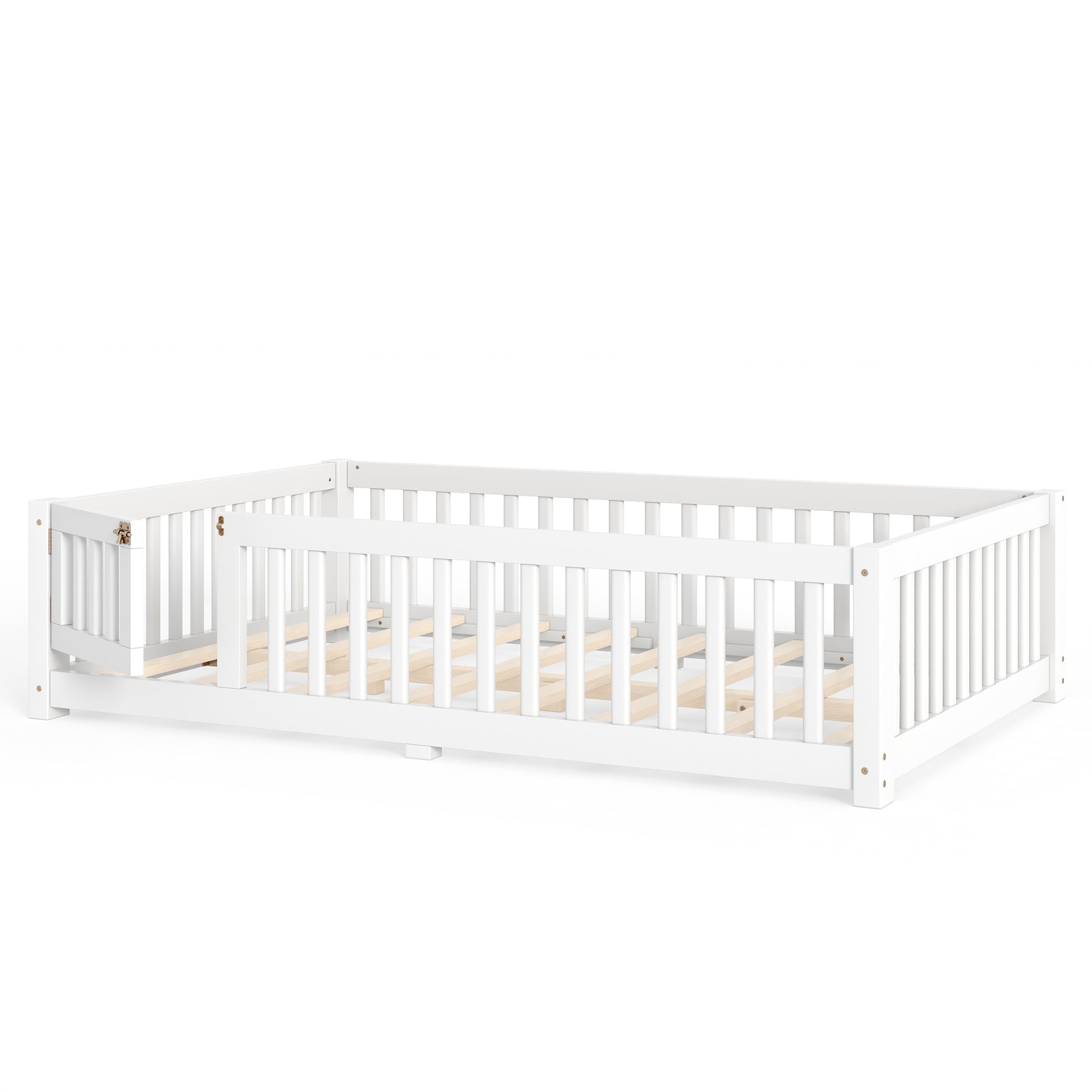 variant-group:rf-w1580p462317|Roomfitters Full Size Wooden Floor Bed Frame with Safety Guardrails Door, Solid Wood Low Profile Toddler Play Bed, White