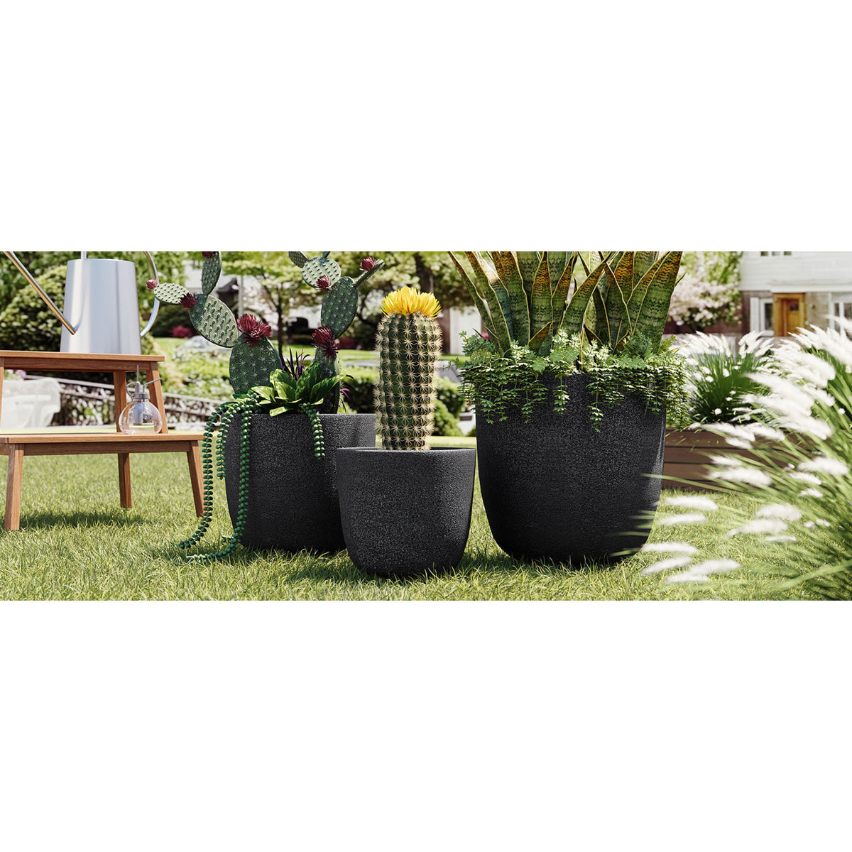 variant-group:rf-n711p406670b|Roomfitters Lightweight Matte Textured MGO Planter Set, 3-Piece Graduated Flower Pots, Black Concrete-Look Stackable