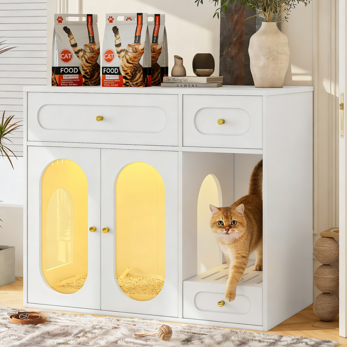 Roomfitters White Chic Sideboard Style Cat Litter Box Enclosure Cabinet with App Controlled LED Lighting Roomfitters