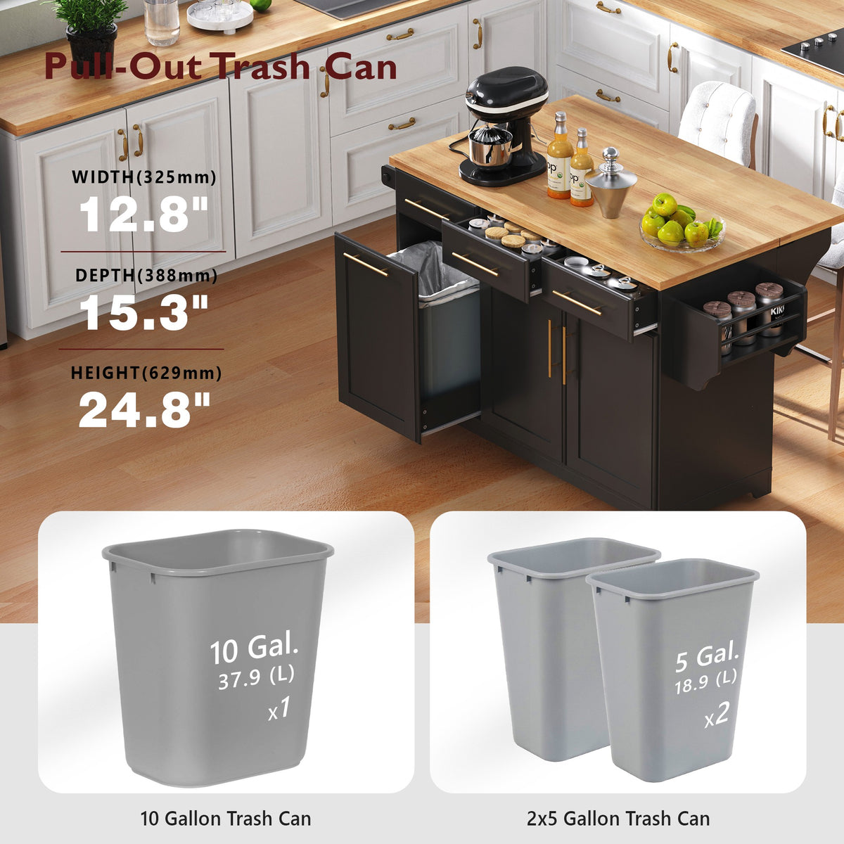 variant-group:rf-n707s299014b|Roomfitters 59.3" Kitchen Island with Power Outlet, Drop Leaf and Double Trash Can Pull Out, Rolling Cart, Black