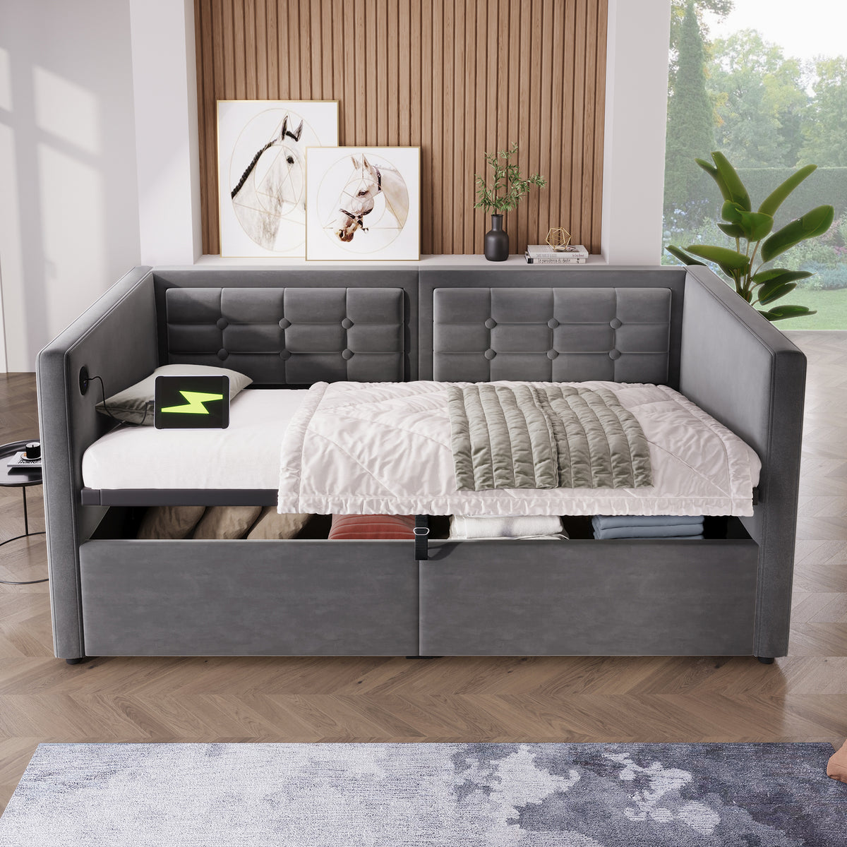 variant-group:rf-n736p303402g|Roomfitters Upholstered Twin Size Daybed with Storage, USB & Type-C Charging, Tufted Sofa Back, Velvet Gray